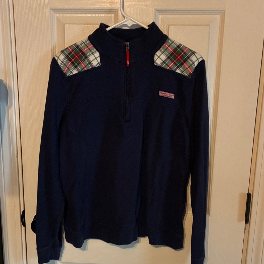 Vineyard Vines Navy Zip-Up Sweater with Plaid Shoulders